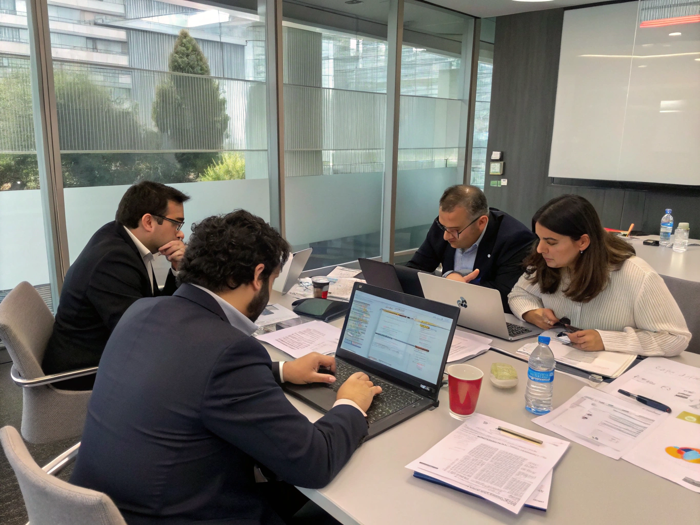 Equipo de consultores profesionales en sesión técnica corporativa de ASV Consultores