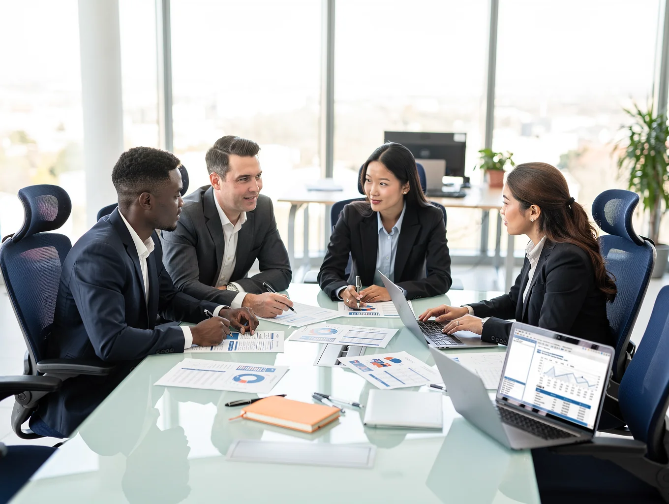 Equipo de consultores y contadores analizando estados financieros corporativos