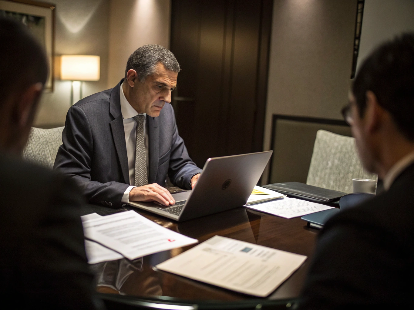 Especialista revisando expedientes y carpetas técnicas de licitación