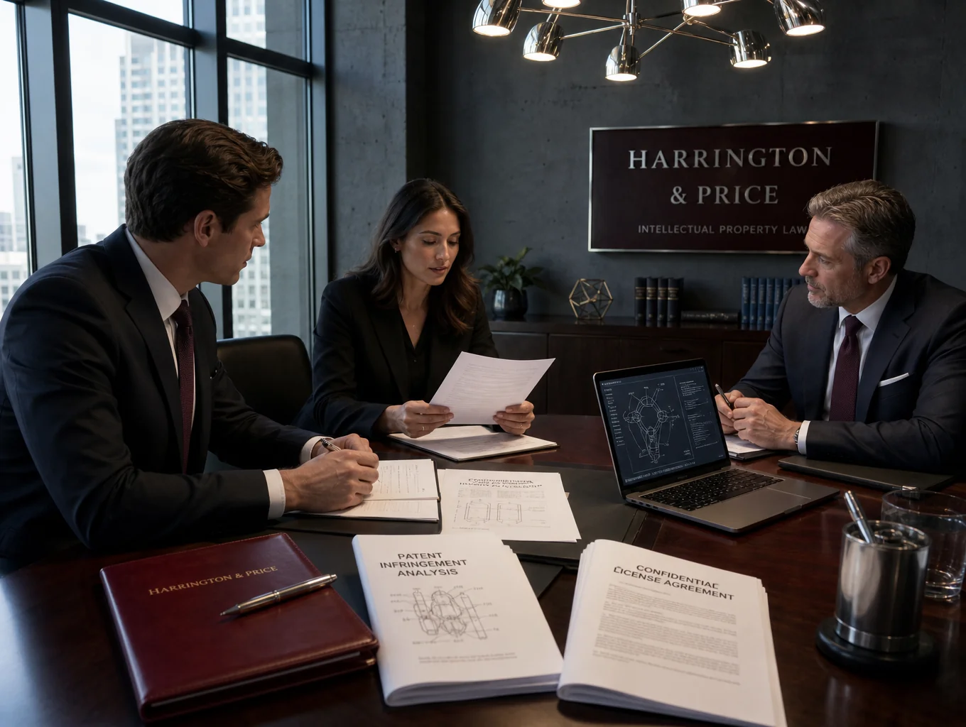 Abogados corporativos mexicanos durante firma protocolaria de contratos y revisión de expedientes